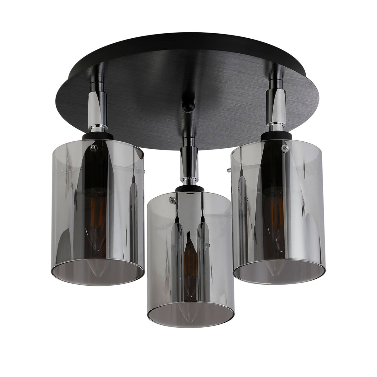 Kidwelly IP44 Triple Lamp Semi Flush Ceiling Light in Black & Chrome with Smoked Glass Shades