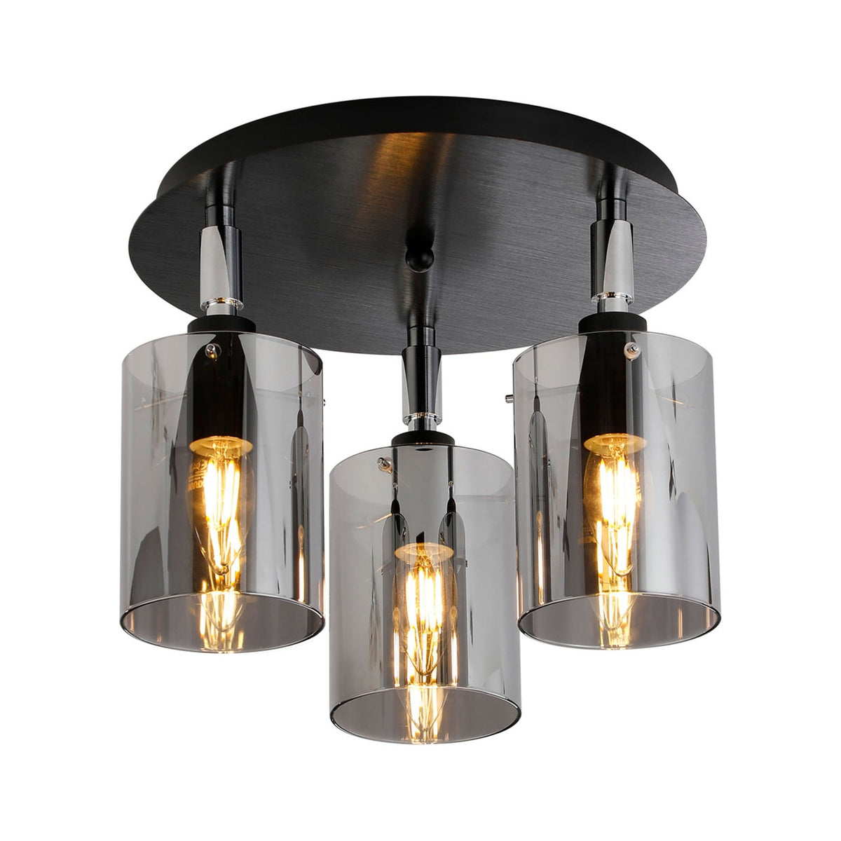 Kidwelly IP44 Triple Lamp Semi Flush Ceiling Light in Black & Chrome with Smoked Glass Shades