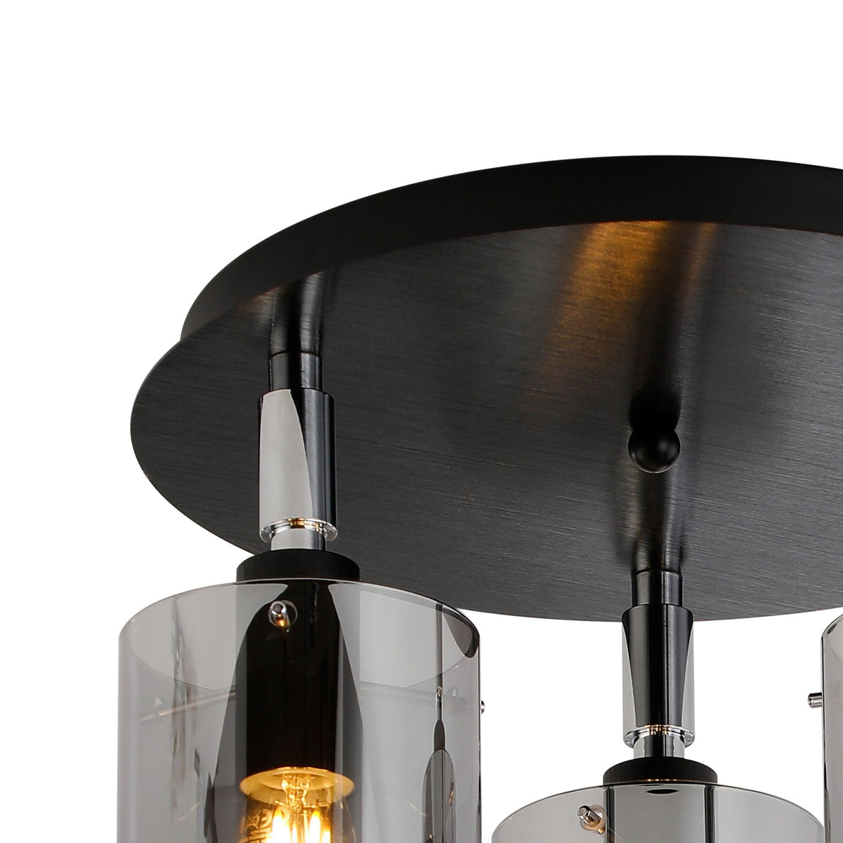 Kidwelly IP44 Triple Lamp Semi Flush Ceiling Light in Black & Chrome with Smoked Glass Shades