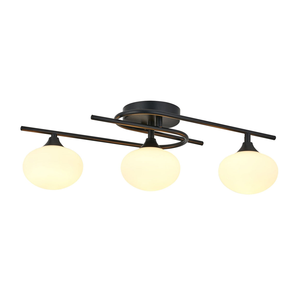 Montrose IP44 Triple Lamp Flush Ceiling Light in Satin Black with Opal Glass Shades