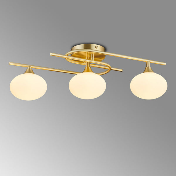 Montrose IP44 Triple Lamp Flush Ceiling Light in Satin Brass with Opal Glass Shades