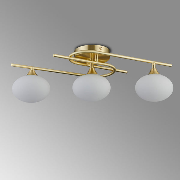 Montrose IP44 Triple Lamp Flush Ceiling Light in Satin Brass with Opal Glass Shades