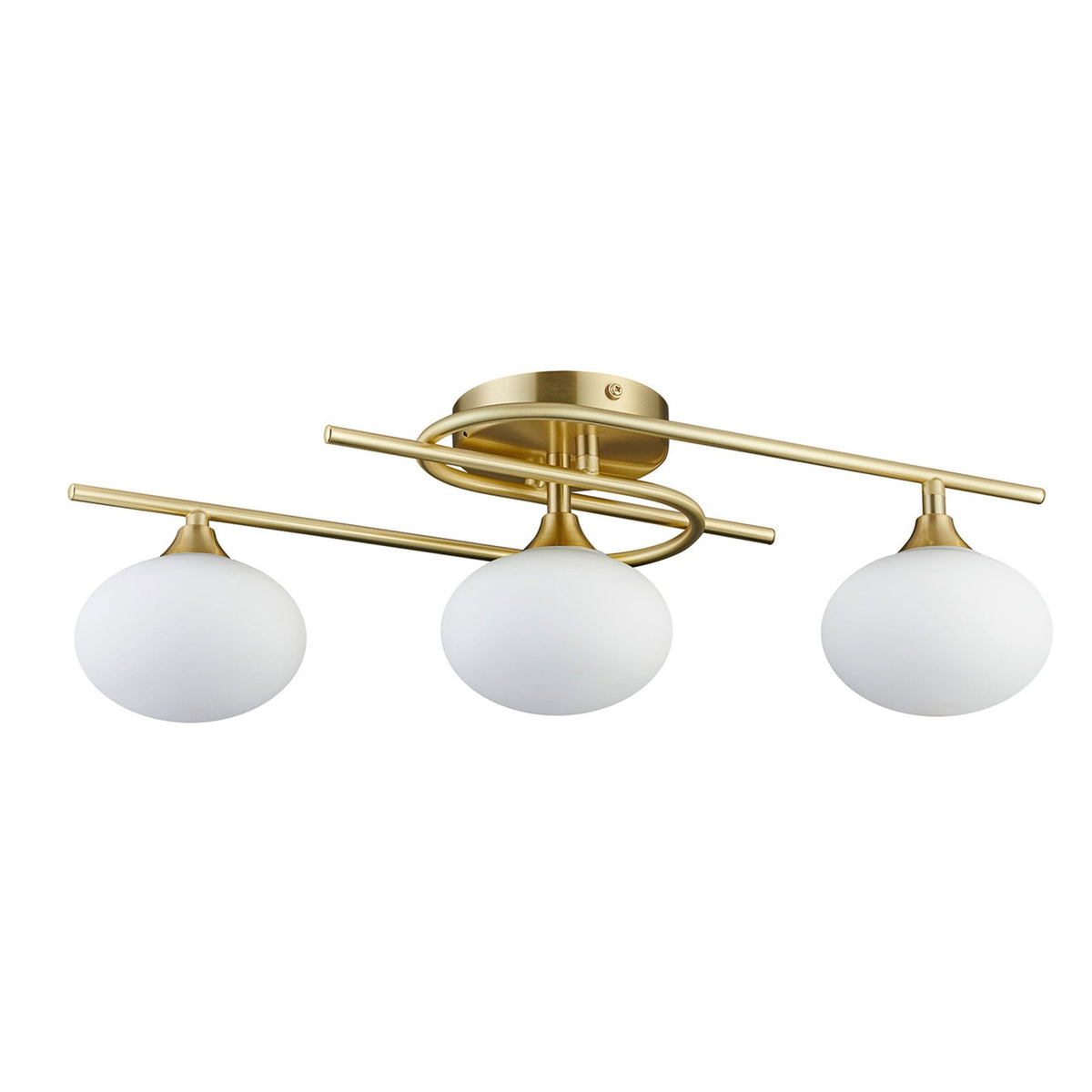 Montrose IP44 Triple Lamp Flush Ceiling Light in Satin Brass with Opal Glass Shades