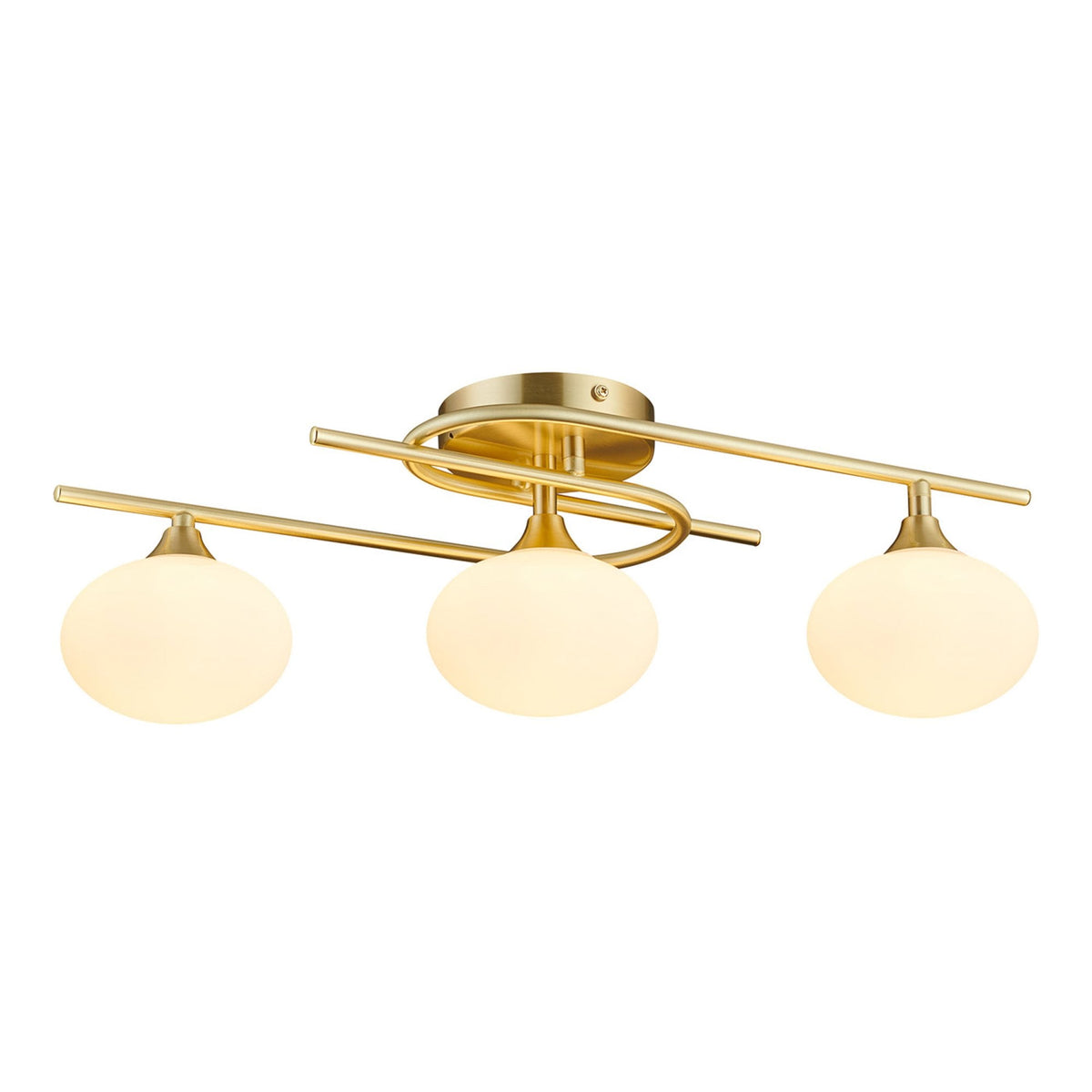 Montrose IP44 Triple Lamp Flush Ceiling Light in Satin Brass with Opal Glass Shades