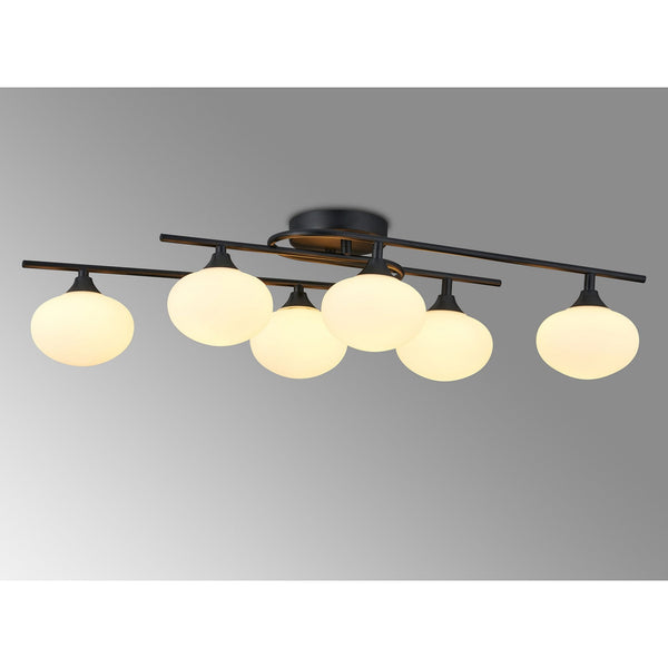 Montrose IP44 Six Lamp Flush Ceiling Light in Satin Black with Opal Glass Shades