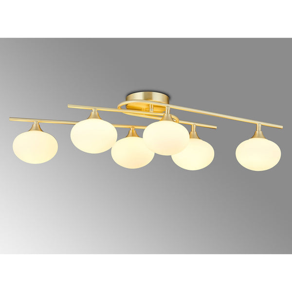 Montrose IP44 Six Lamp Flush Ceiling Light in Satin Brass with Opal Glass Shades