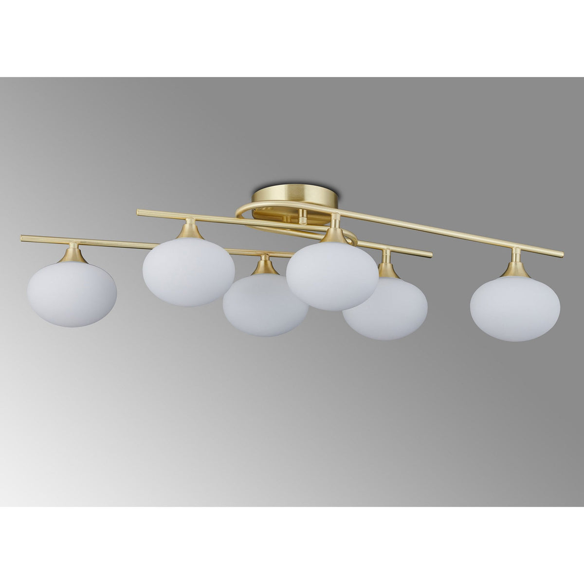 Montrose IP44 Six Lamp Flush Ceiling Light in Satin Brass with Opal Glass Shades