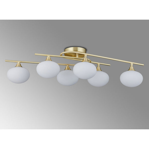 Montrose IP44 Six Lamp Flush Ceiling Light in Satin Brass with Opal Glass Shades