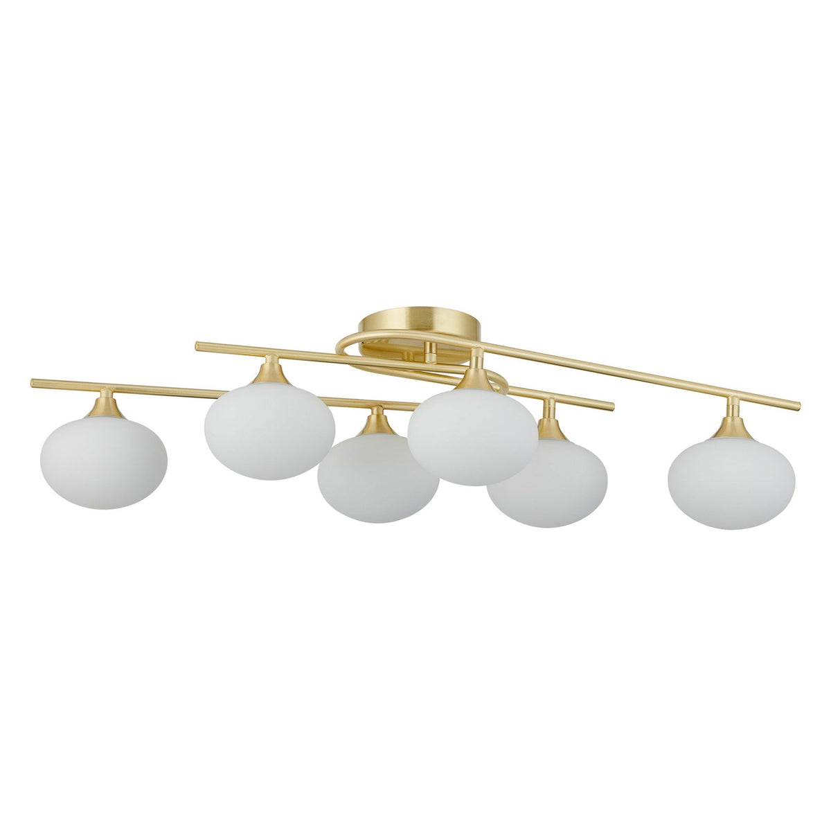 Montrose IP44 Six Lamp Flush Ceiling Light in Satin Brass with Opal Glass Shades