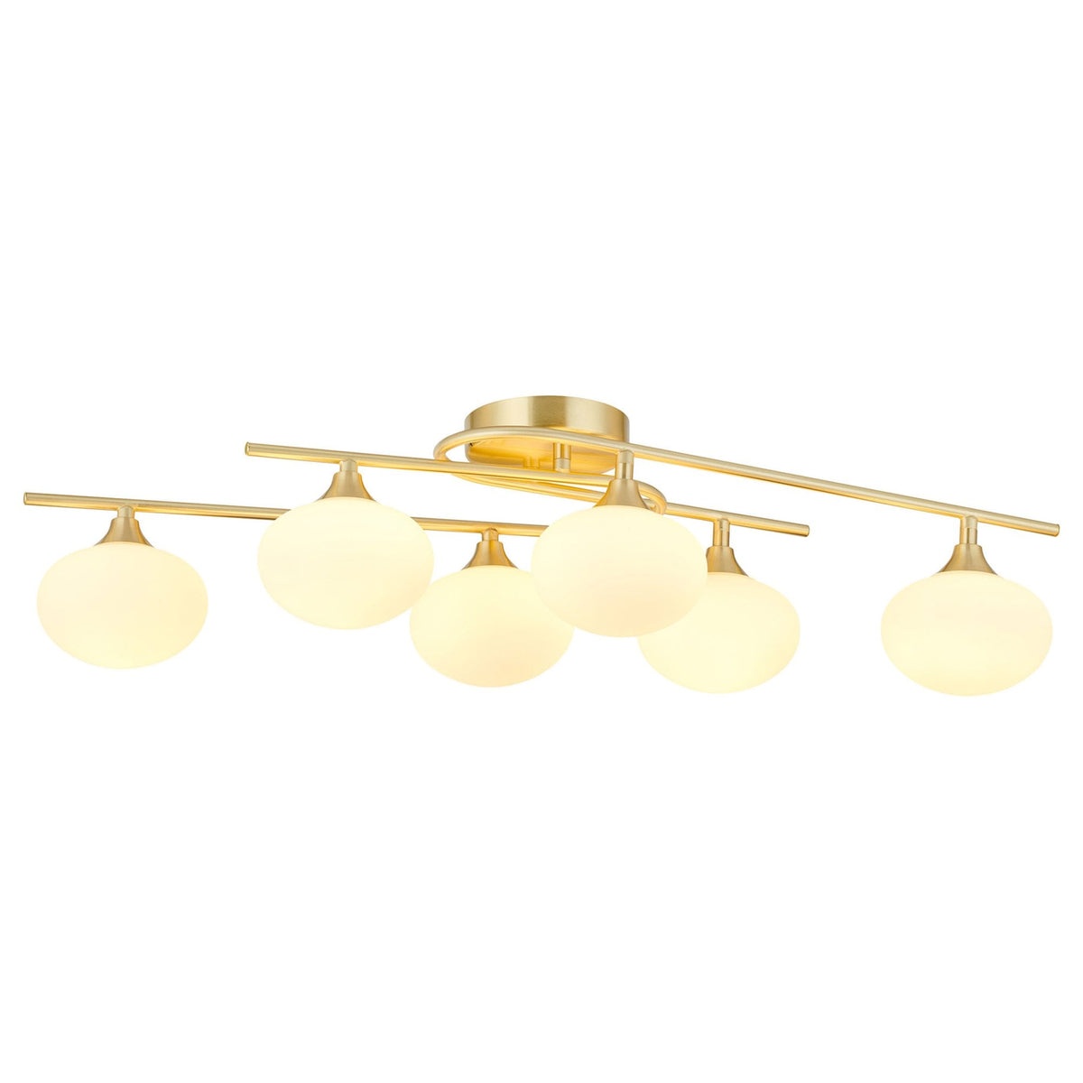Montrose IP44 Six Lamp Flush Ceiling Light in Satin Brass with Opal Glass Shades
