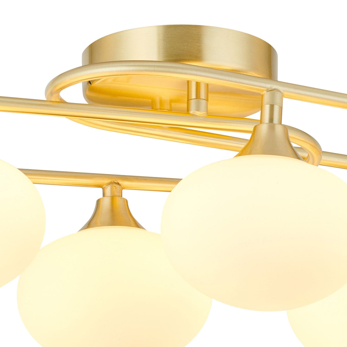 Montrose IP44 Six Lamp Flush Ceiling Light in Satin Brass with Opal Glass Shades