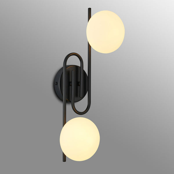 Montrose IP44 Twin Lamp Wall Light in Satin Black with Opal Glass Shades