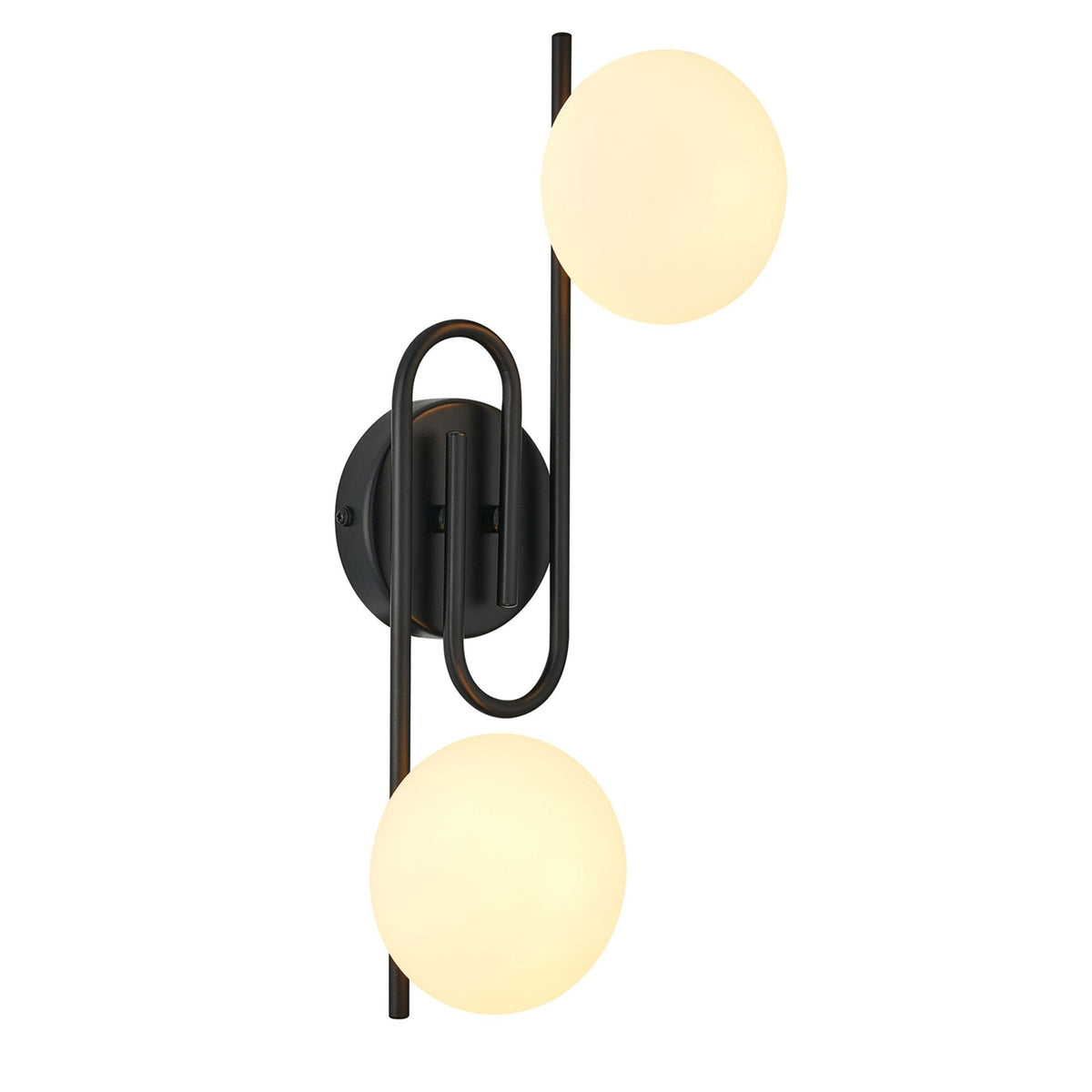 Montrose IP44 Twin Lamp Wall Light in Satin Black with Opal Glass Shades