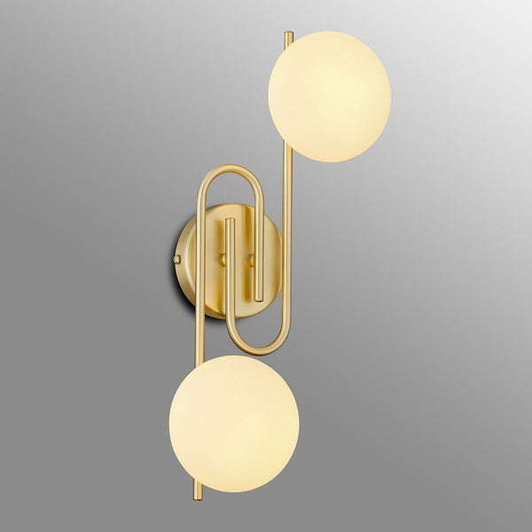 Montrose IP44 Twin Lamp Wall Light in Satin Brass with Opal Glass Shades