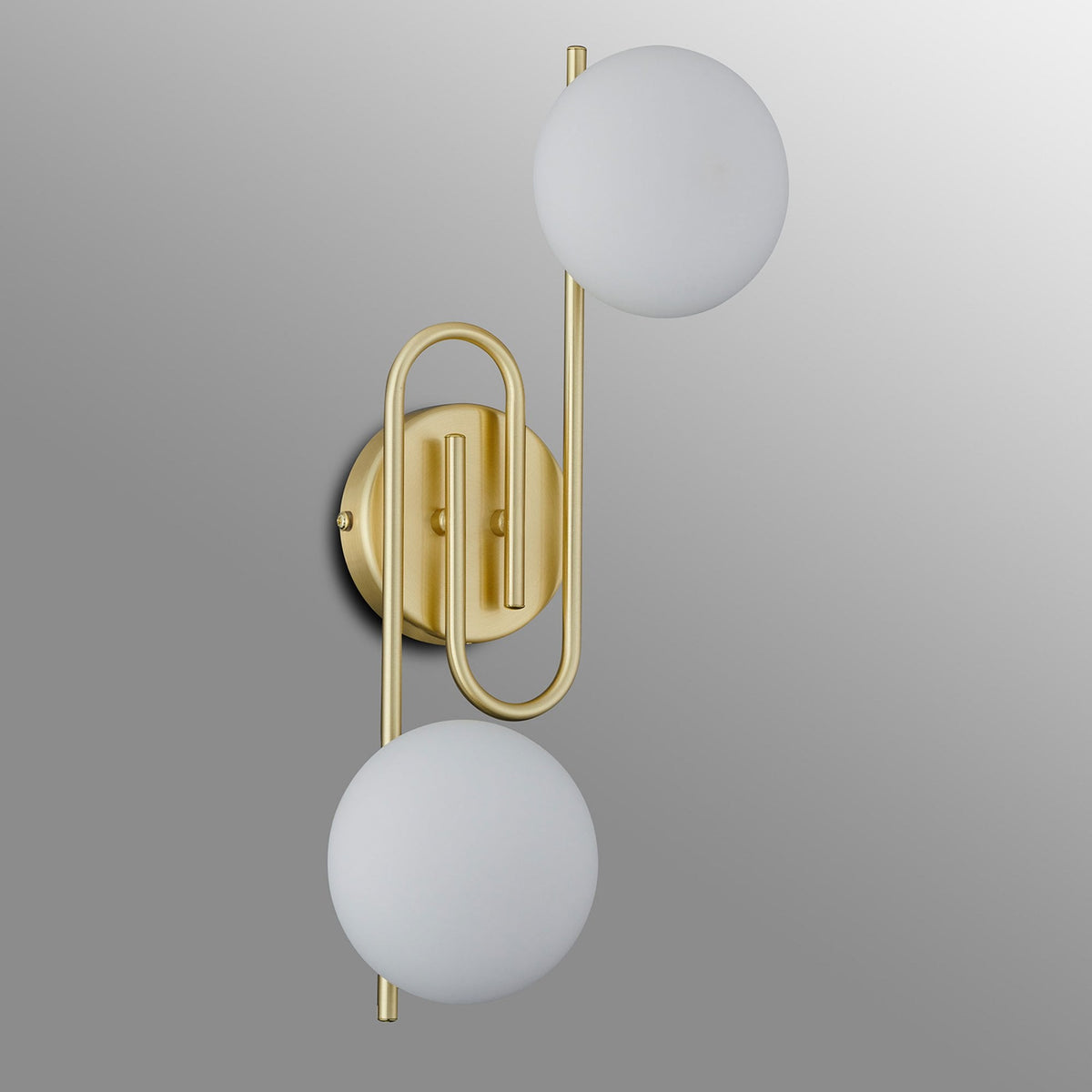 Montrose IP44 Twin Lamp Wall Light in Satin Brass with Opal Glass Shades
