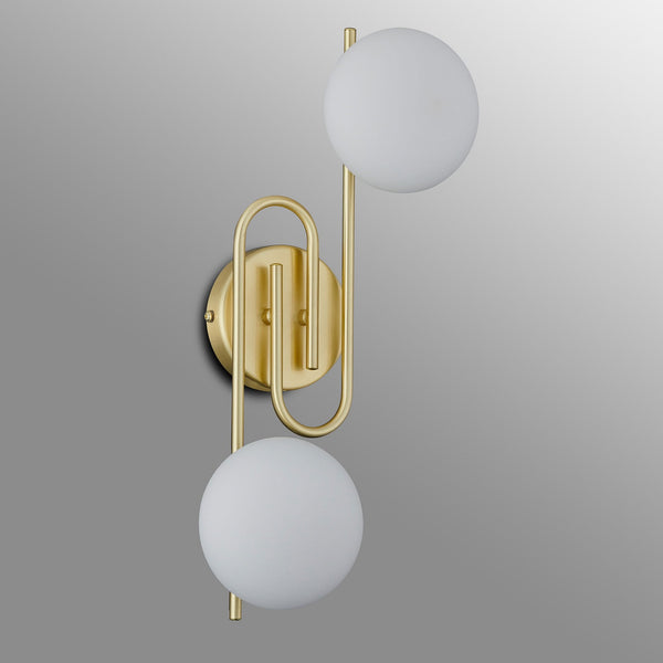 Montrose IP44 Twin Lamp Wall Light in Satin Brass with Opal Glass Shades