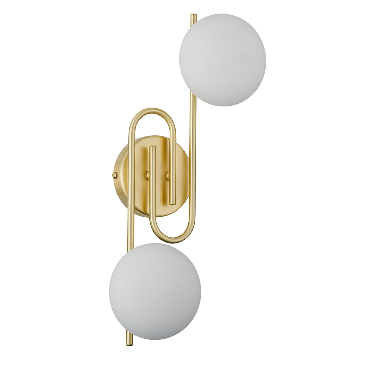 Montrose IP44 Twin Lamp Wall Light in Satin Brass with Opal Glass Shades