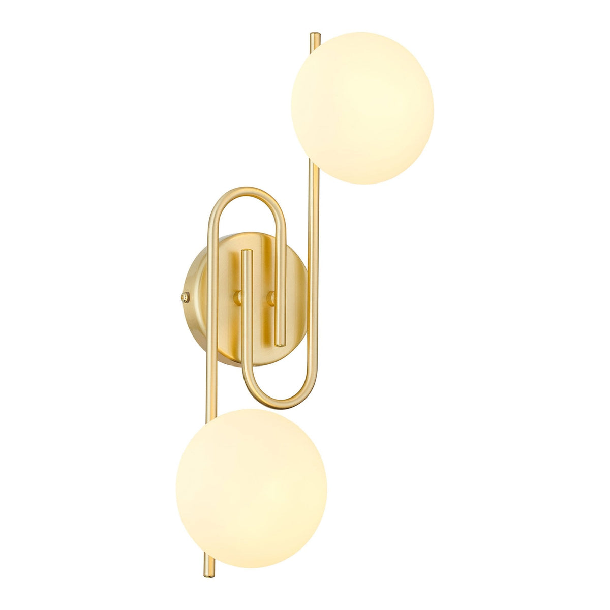 Montrose IP44 Twin Lamp Wall Light in Satin Brass with Opal Glass Shades