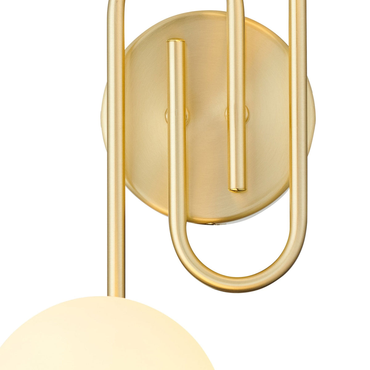 Montrose IP44 Twin Lamp Wall Light in Satin Brass with Opal Glass Shades