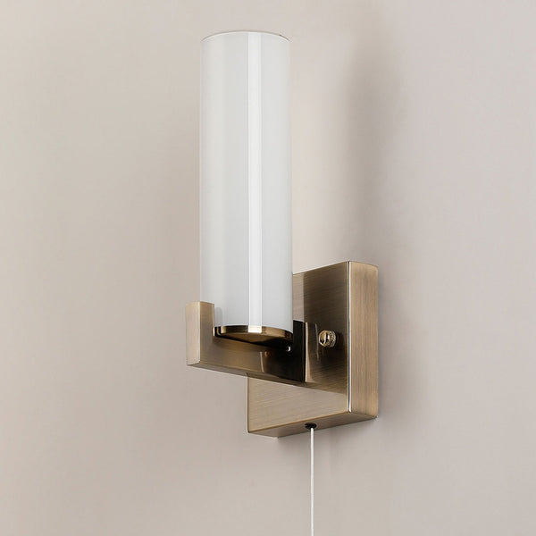 Rosyth Pull Cord Switched IP44 Single Wall Light in Antique Brass with Opal Glass Diffuser