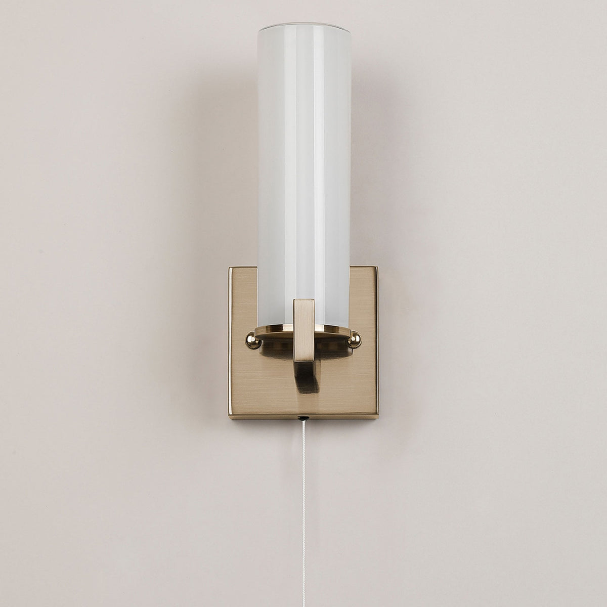 Rosyth Pull Cord Switched IP44 Single Wall Light in Antique Brass with Opal Glass Diffuser