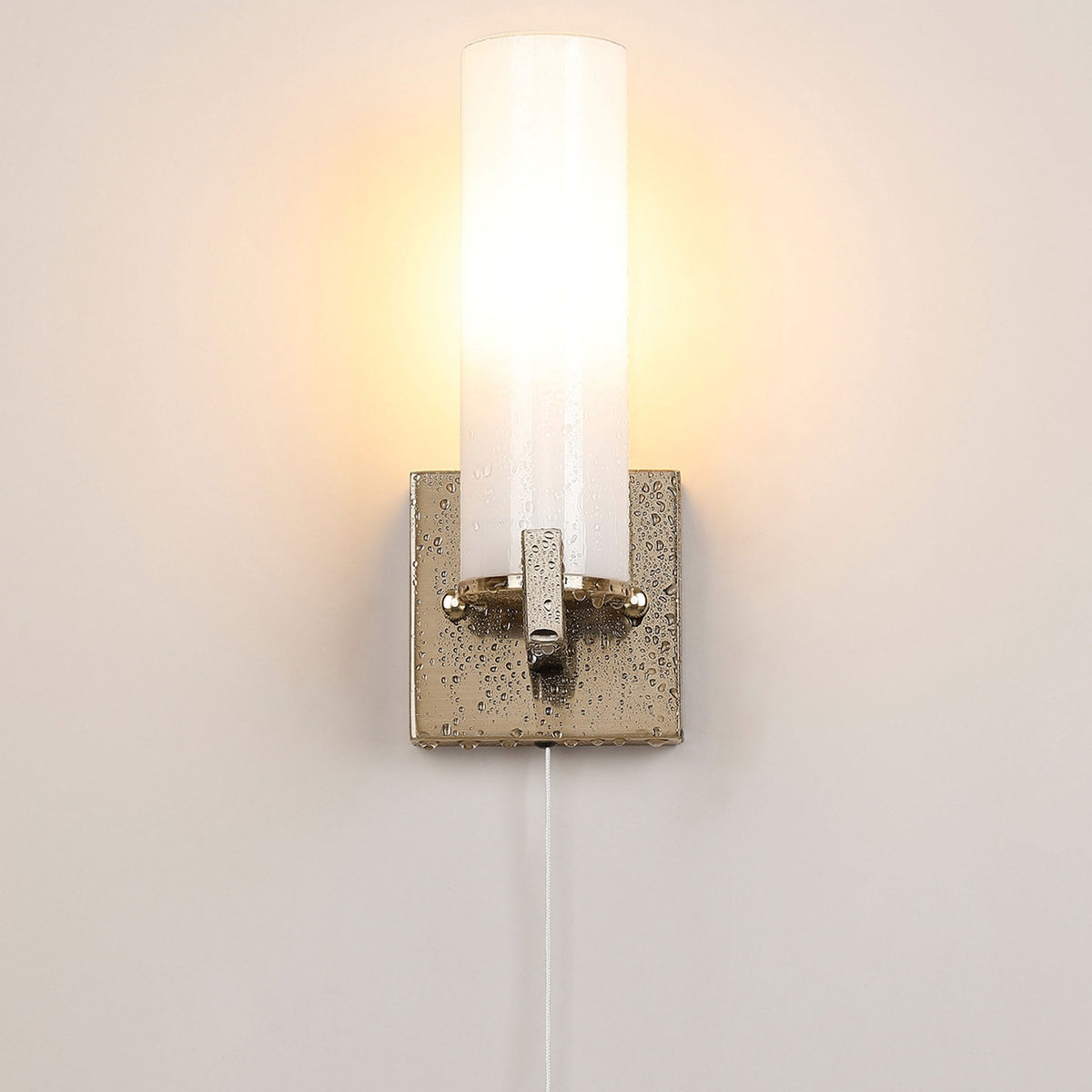 Rosyth Pull Cord Switched IP44 Single Wall Light in Antique Brass with Opal Glass Diffuser