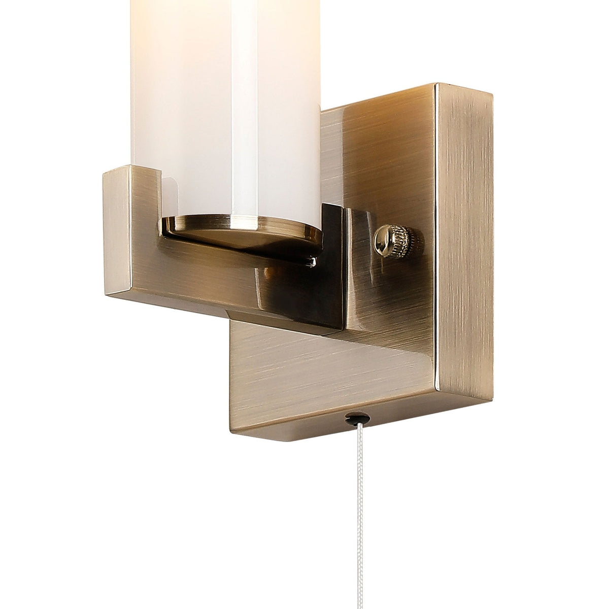 Rosyth Pull Cord Switched IP44 Single Wall Light in Antique Brass with Opal Glass Diffuser