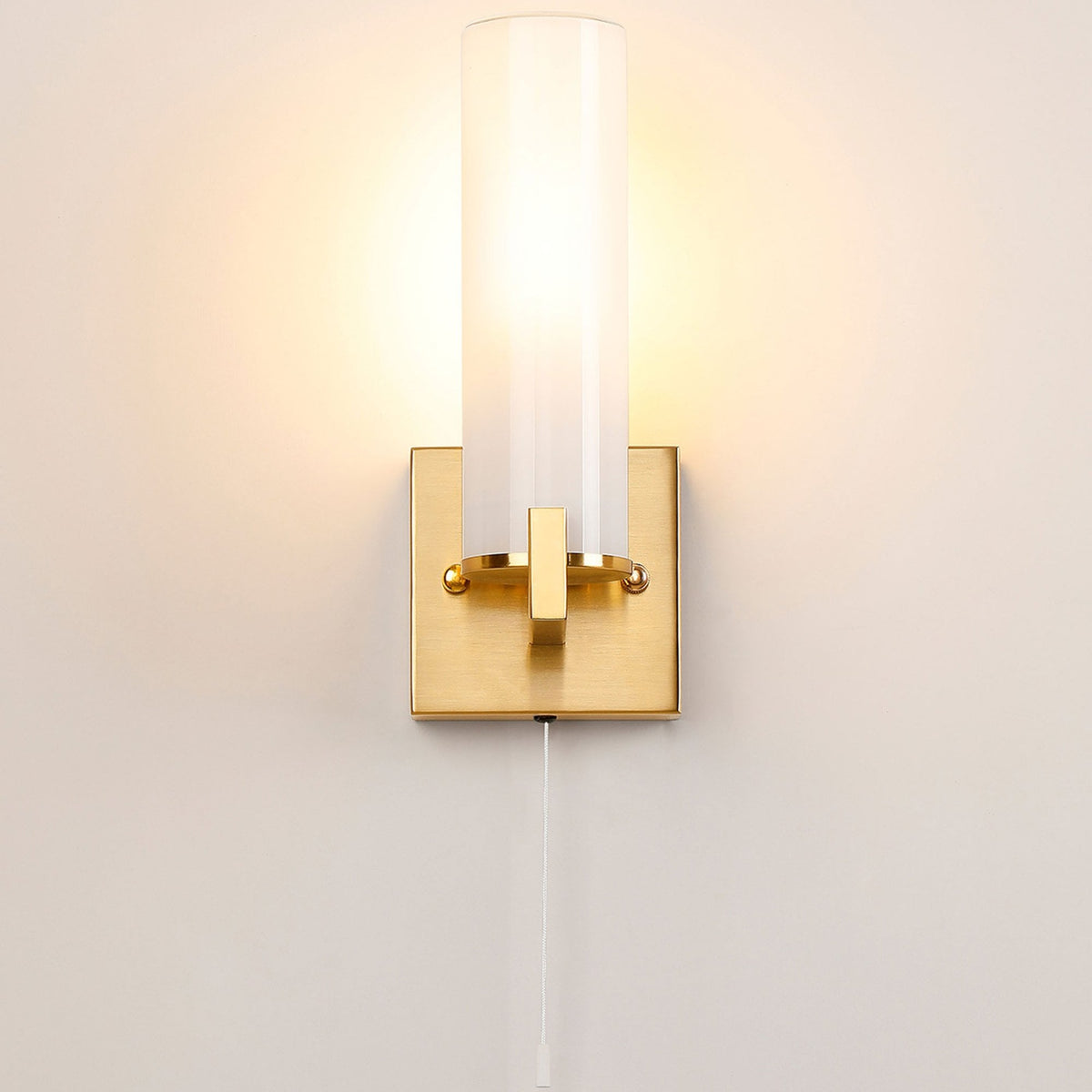 Rosyth Pull Cord Switched IP44 Single Wall Light in Brass Gold with Opal Glass Diffuser