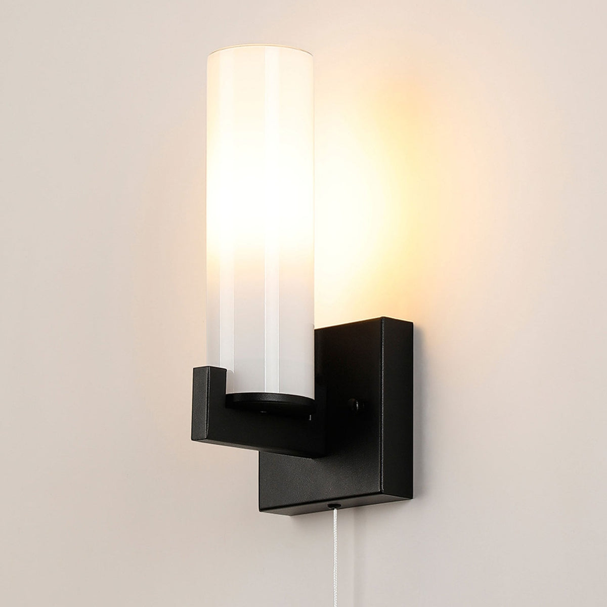 Rosyth Pull Cord Switched IP44 Single Wall Light in Satin Black with Opal Glass Diffuser