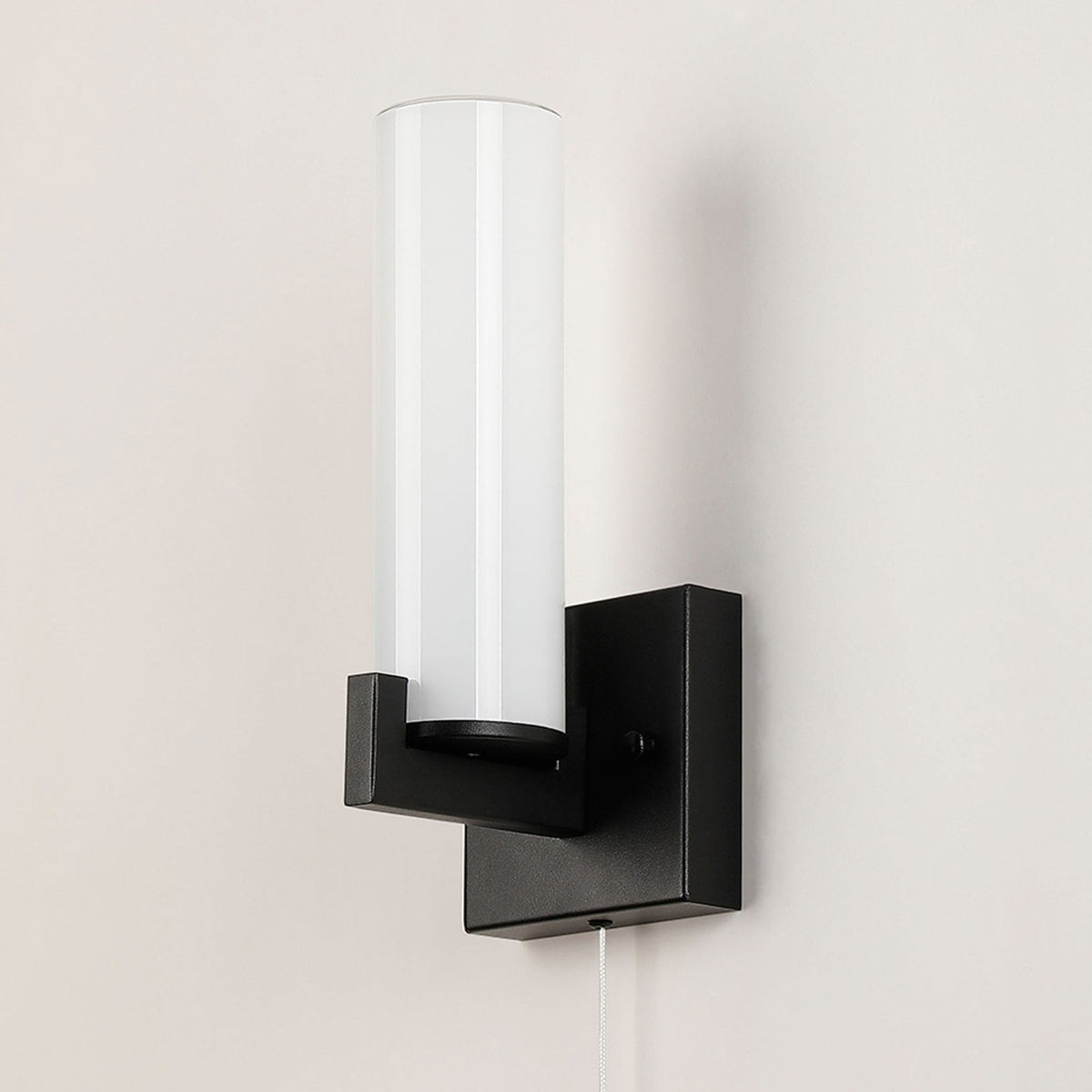 Rosyth Pull Cord Switched IP44 Single Wall Light in Satin Black with Opal Glass Diffuser