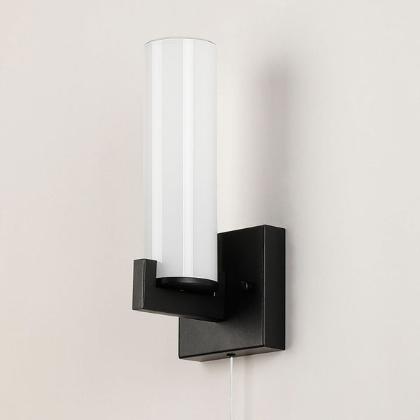 Rosyth Pull Cord Switched IP44 Single Wall Light in Satin Black with Opal Glass Diffuser