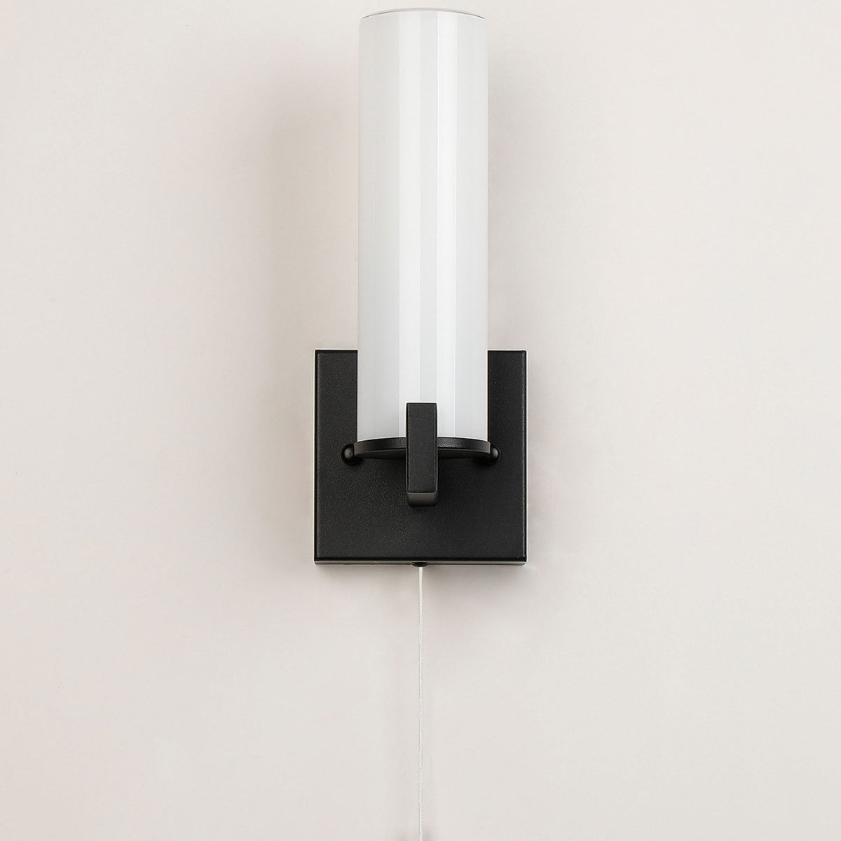 Rosyth Pull Cord Switched IP44 Single Wall Light in Satin Black with Opal Glass Diffuser