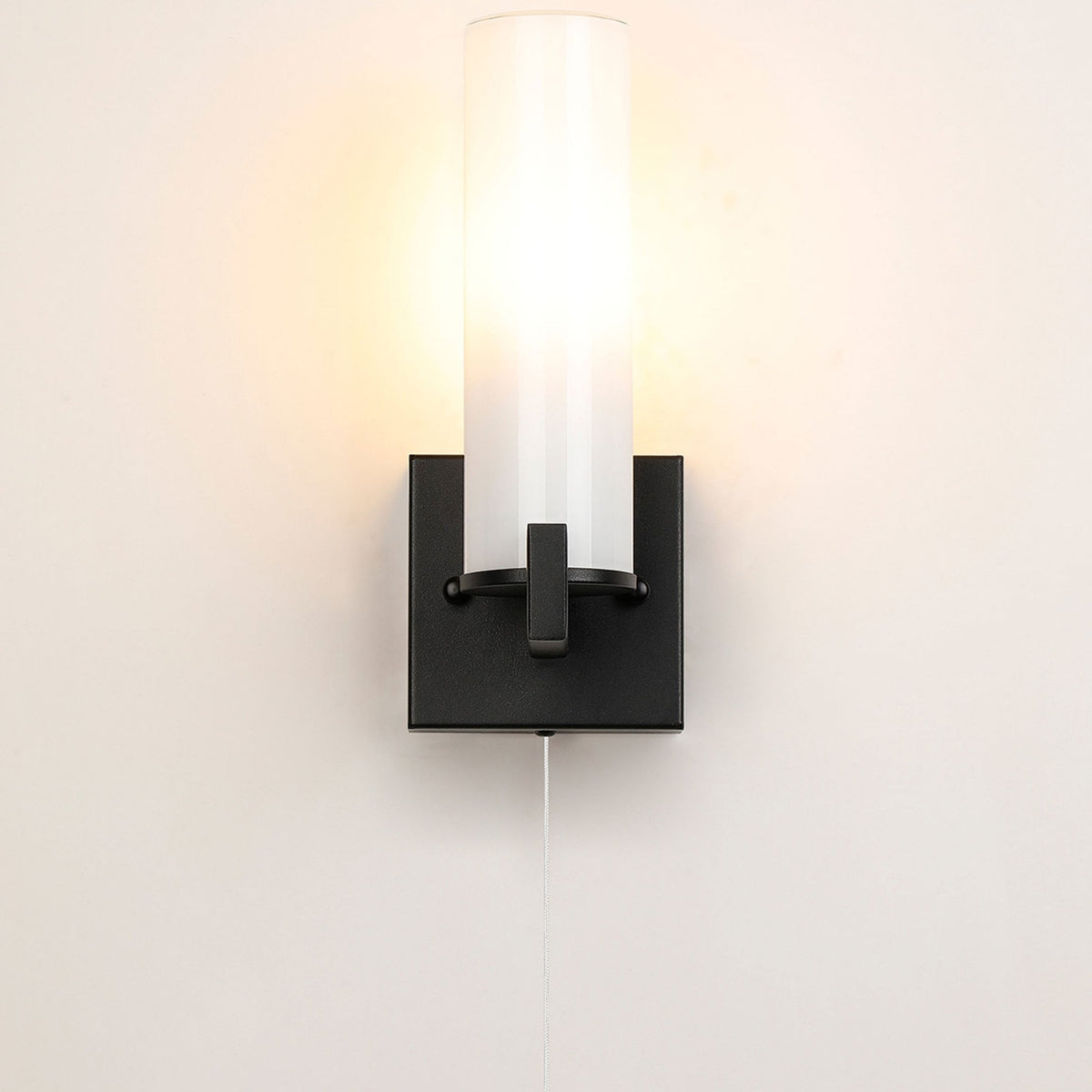 Rosyth Pull Cord Switched IP44 Single Wall Light in Satin Black with Opal Glass Diffuser
