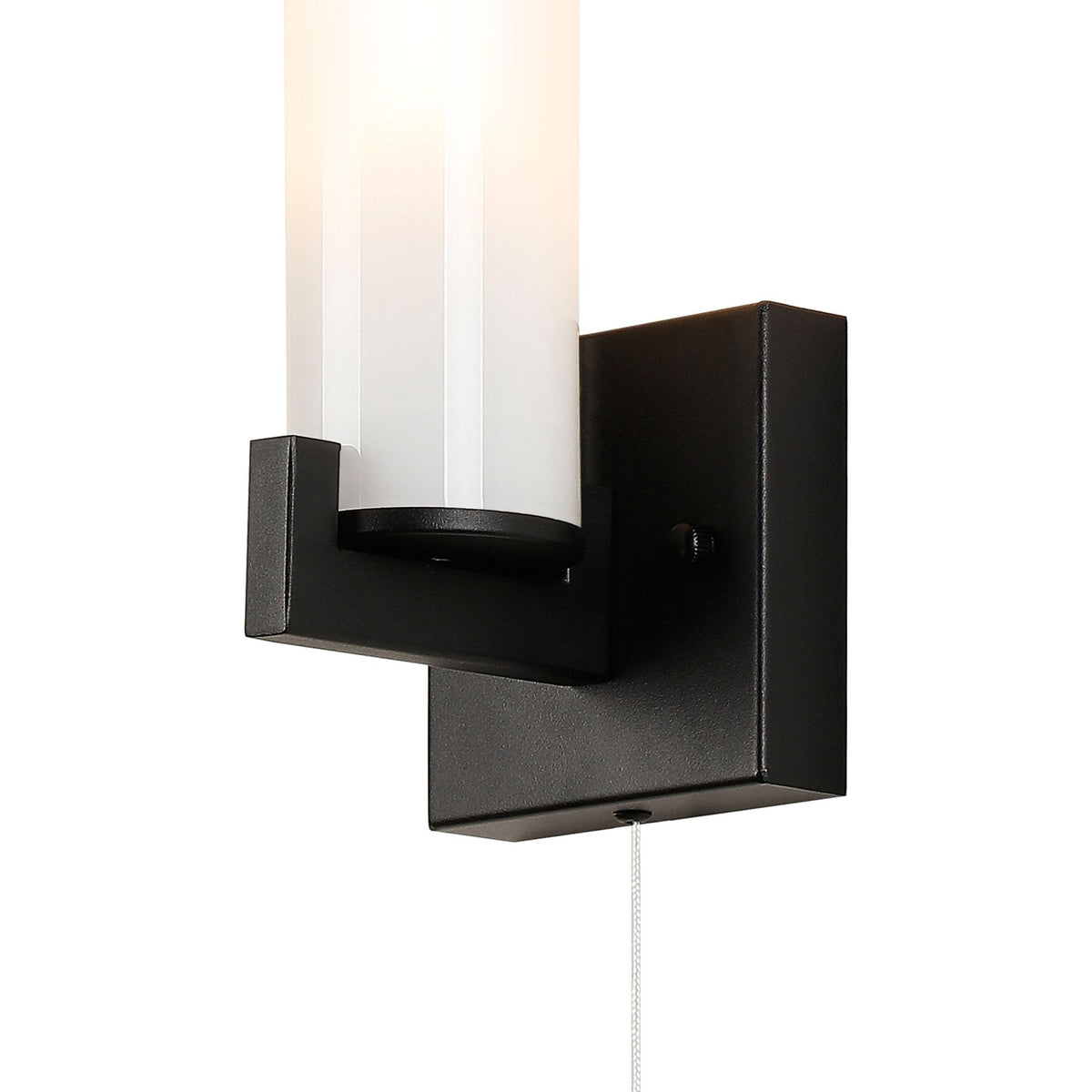 Rosyth Pull Cord Switched IP44 Single Wall Light in Satin Black with Opal Glass Diffuser
