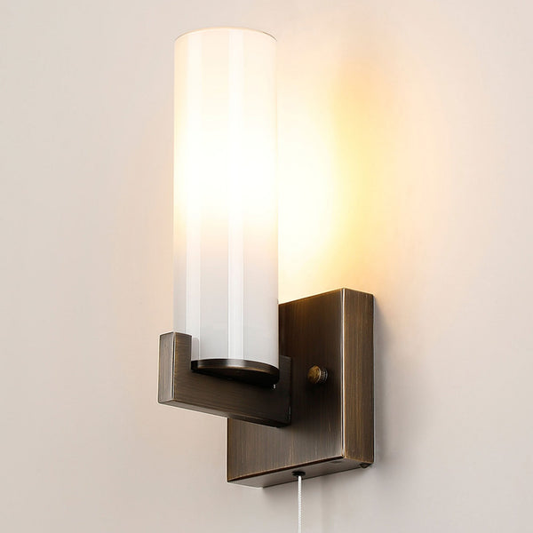 Rosyth Pull Cord Switched IP44 Single Wall Light in Bronze with Opal Glass Diffuser