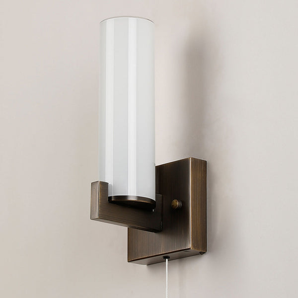 Rosyth Pull Cord Switched IP44 Single Wall Light in Bronze with Opal Glass Diffuser