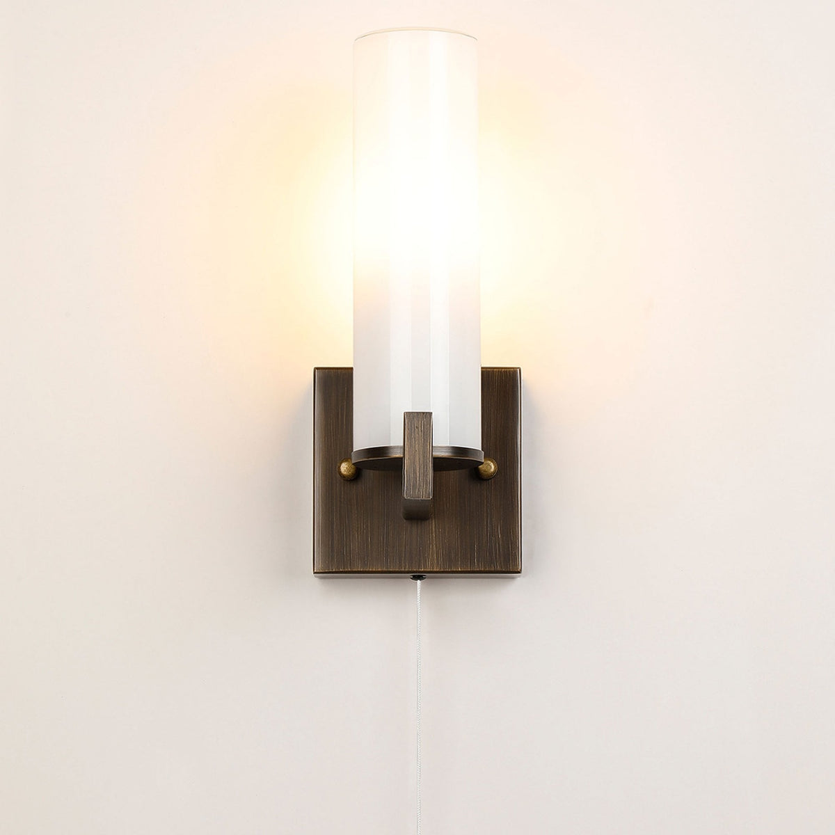 Rosyth Pull Cord Switched IP44 Single Wall Light in Bronze with Opal Glass Diffuser