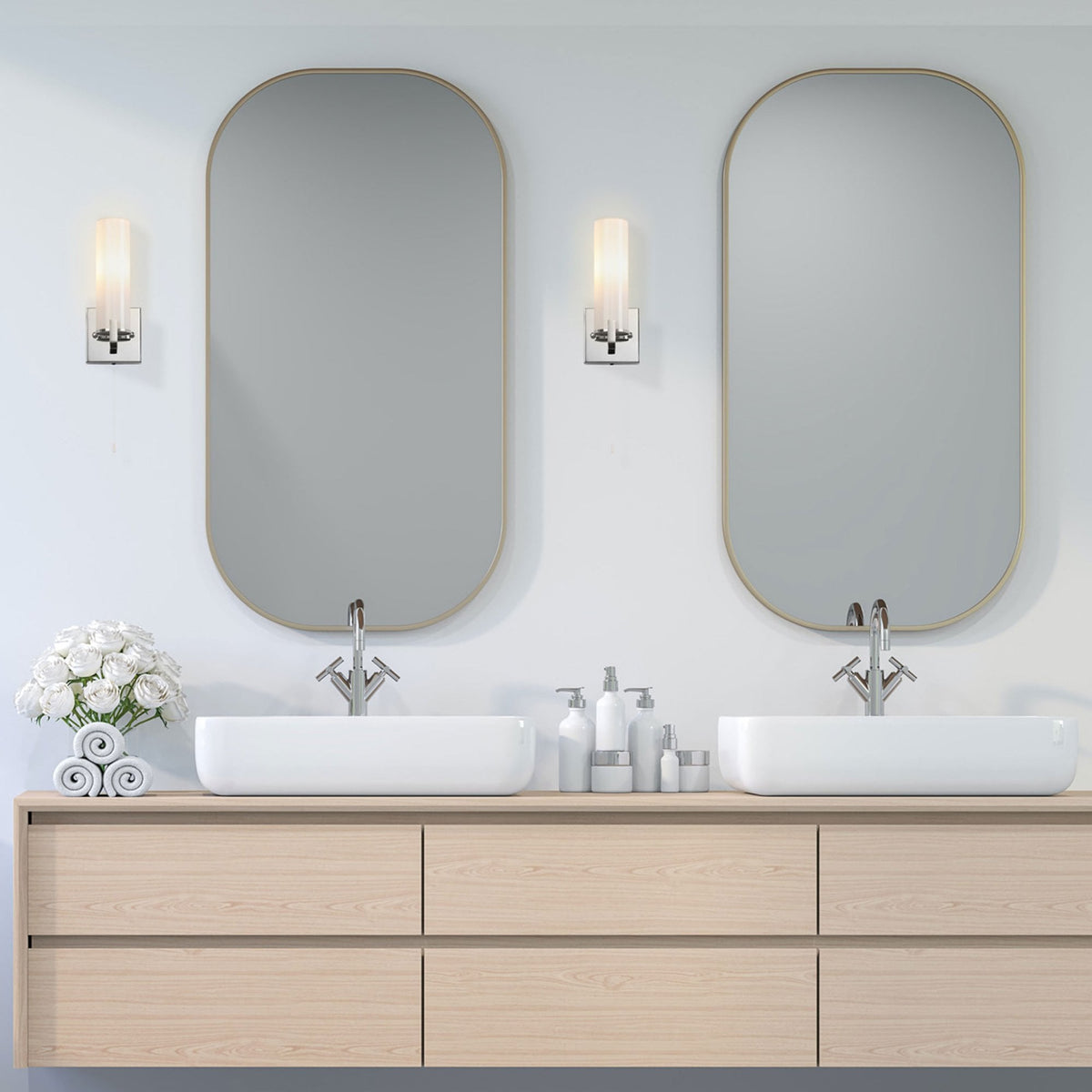 Rosyth Pull Cord Switched IP44 Single Wall Light in Polished Nickel with Opal Glass Diffuser