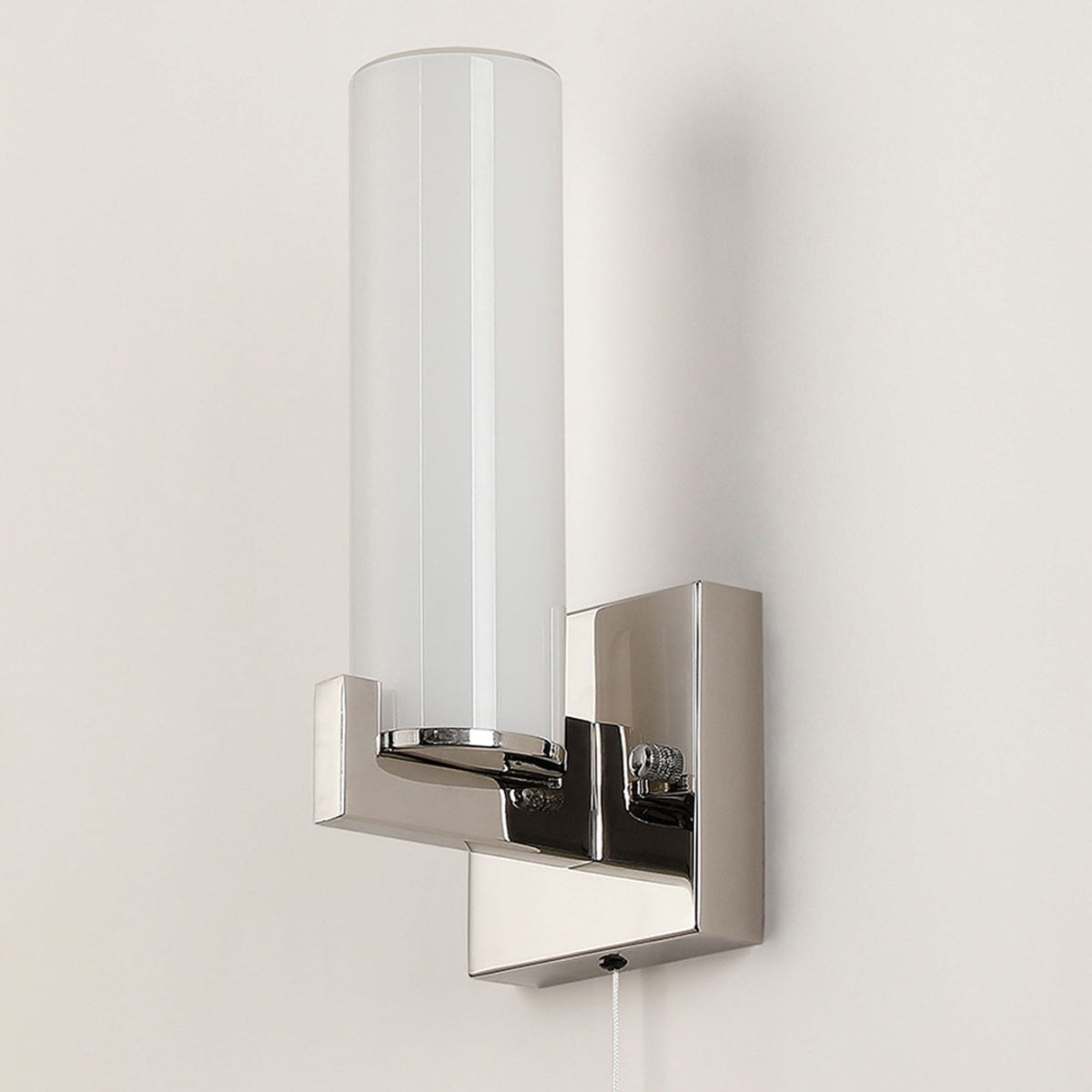 Rosyth Pull Cord Switched IP44 Single Wall Light in Polished Nickel with Opal Glass Diffuser