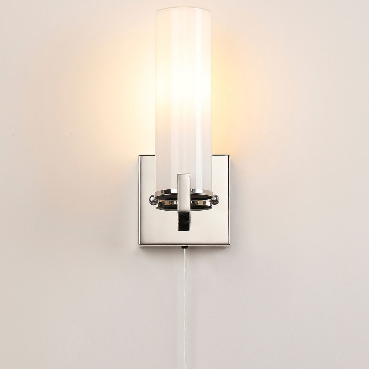 Rosyth Pull Cord Switched IP44 Single Wall Light in Polished Nickel with Opal Glass Diffuser
