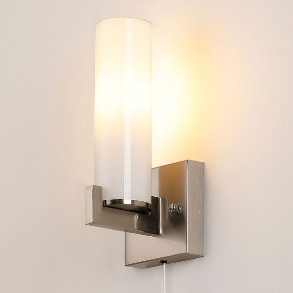 Rosyth Pull Cord Switched IP44 Single Wall Light in Satin Nickel with Opal Glass Diffuser