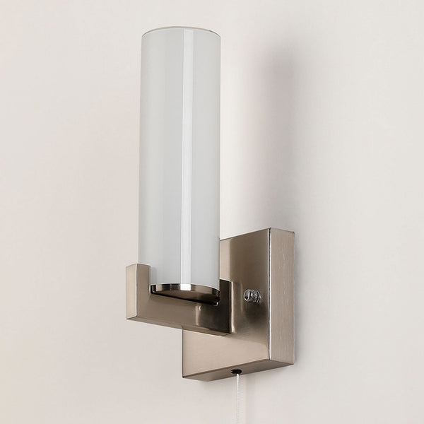 Rosyth Pull Cord Switched IP44 Single Wall Light in Satin Nickel with Opal Glass Diffuser