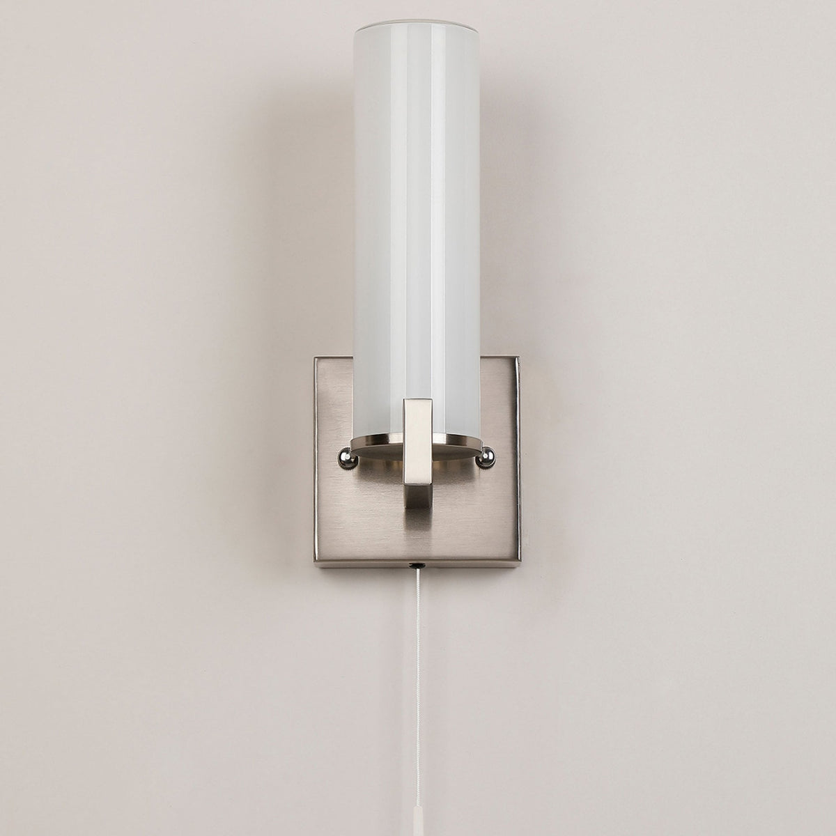 Rosyth Pull Cord Switched IP44 Single Wall Light in Satin Nickel with Opal Glass Diffuser