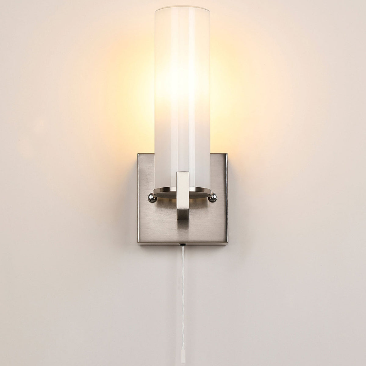 Rosyth Pull Cord Switched IP44 Single Wall Light in Satin Nickel with Opal Glass Diffuser