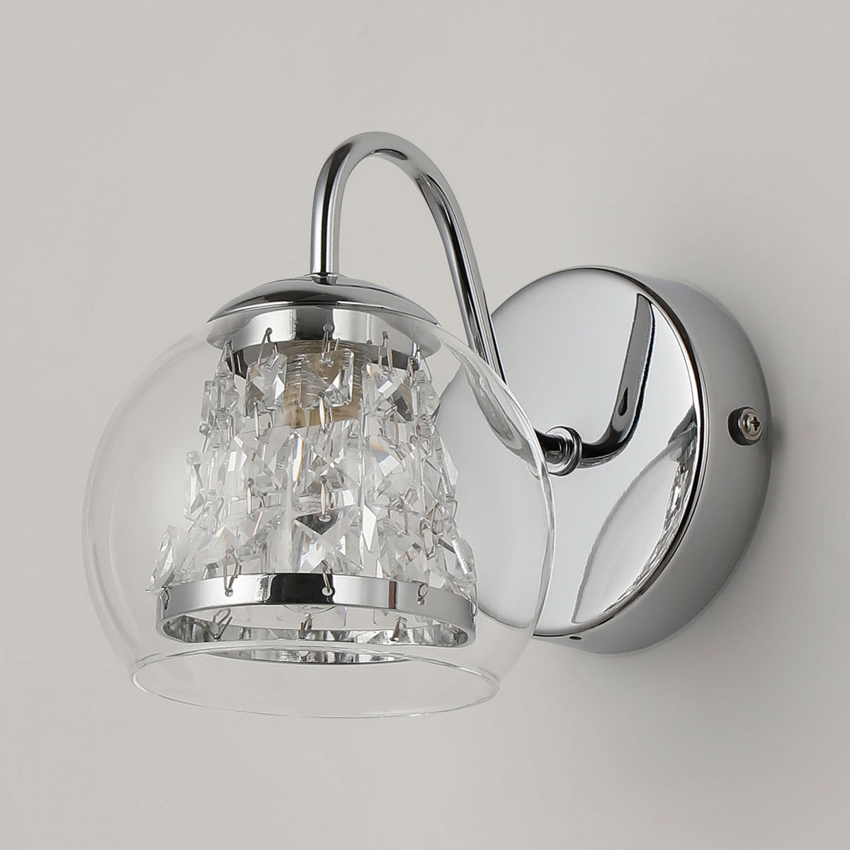Kineton IP44 Single Wall Light in Chrome with Clear Glass Shade with Inner Clear Crystal Pieces