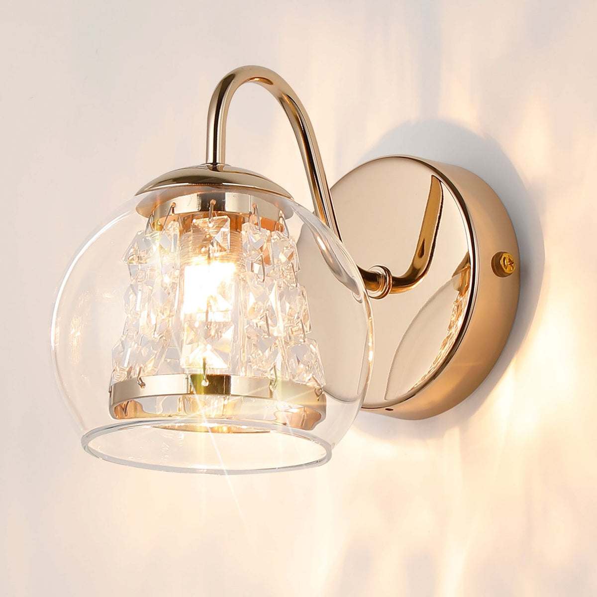 Kineton IP44 Single Wall Light in French Gold with Clear Glass Shade with Inner Clear Crystal Pieces