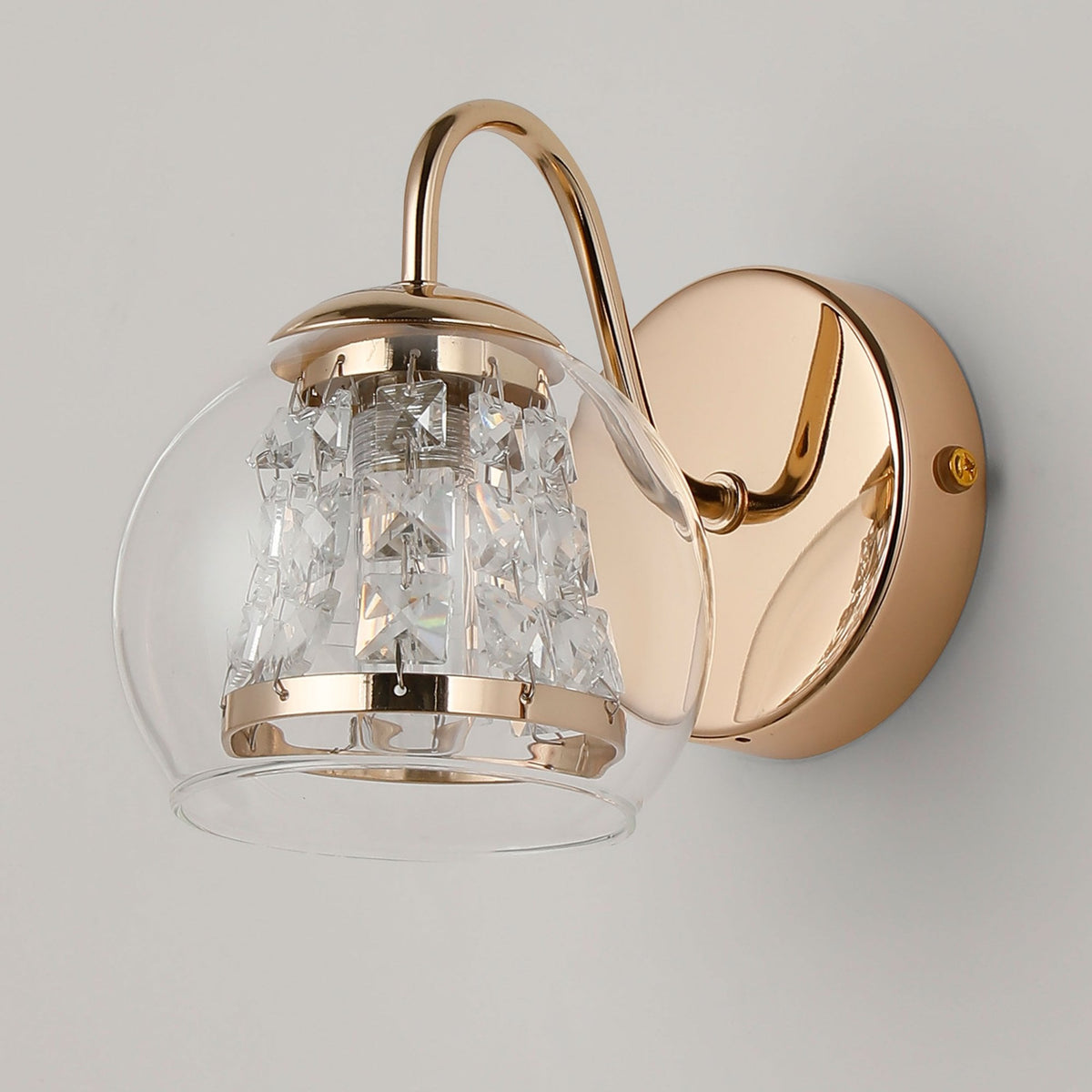 Kineton IP44 Single Wall Light in French Gold with Clear Glass Shade with Inner Clear Crystal Pieces