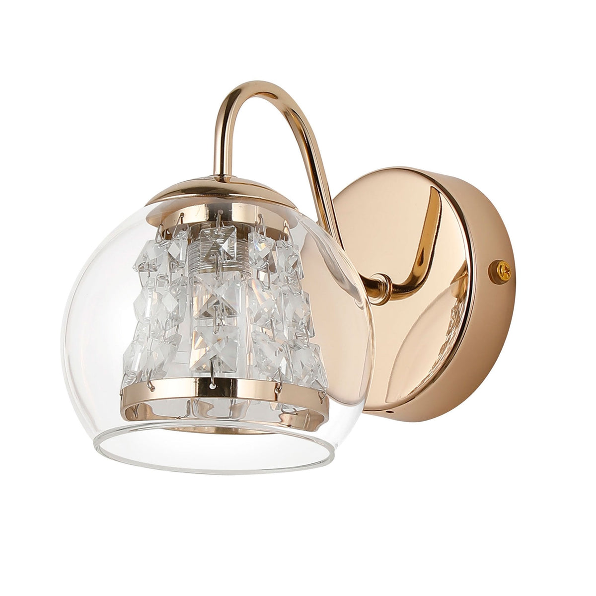 Kineton IP44 Single Wall Light in French Gold with Clear Glass Shade with Inner Clear Crystal Pieces