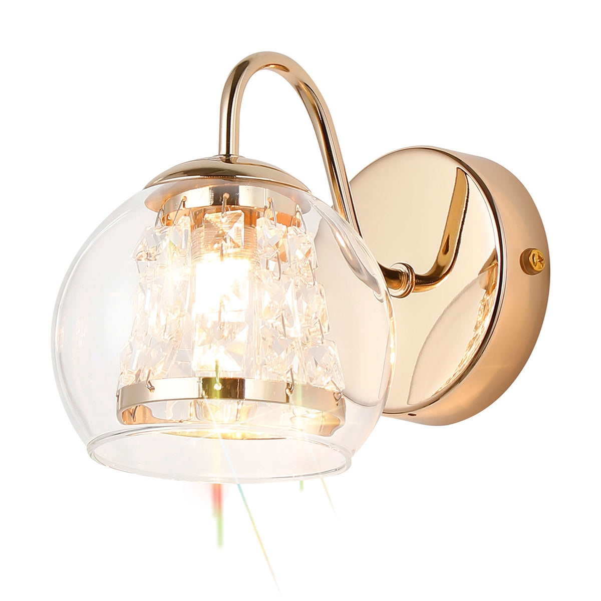Kineton IP44 Single Wall Light in French Gold with Clear Glass Shade with Inner Clear Crystal Pieces