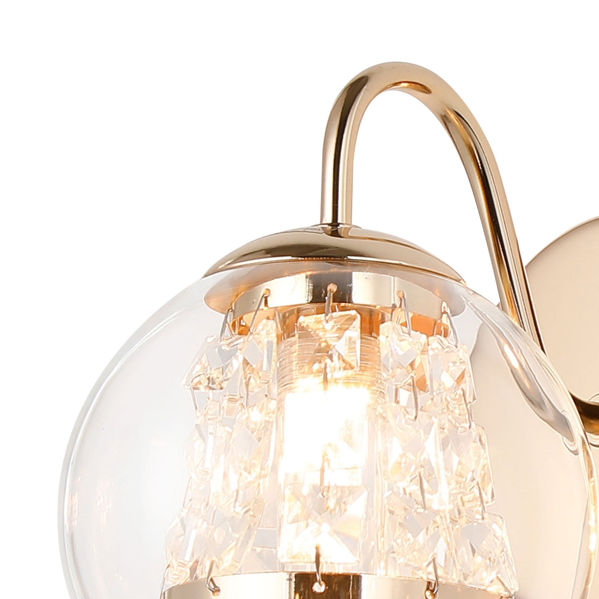Kineton IP44 Single Wall Light in French Gold with Clear Glass Shade with Inner Clear Crystal Pieces